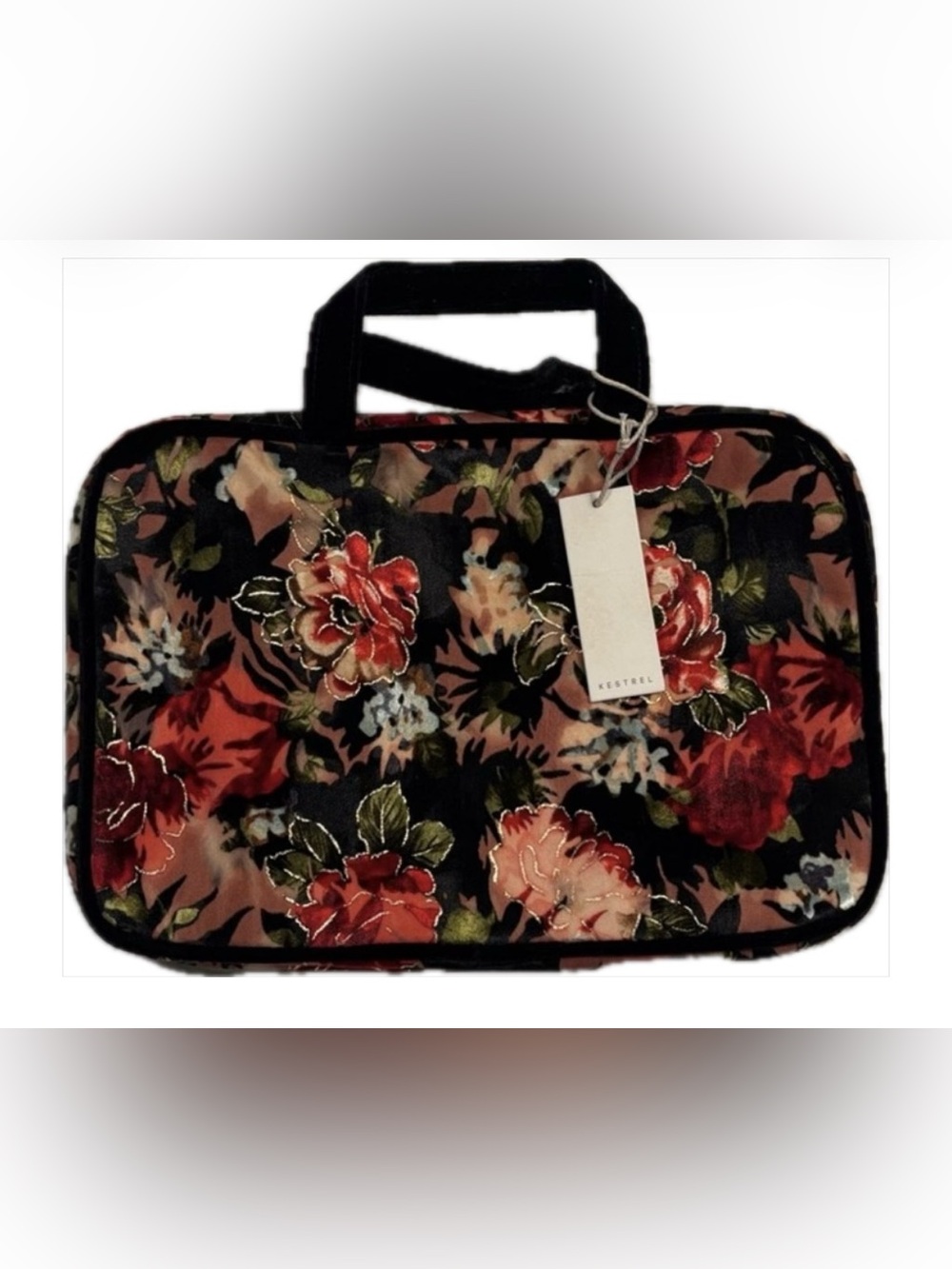 Floral Velvet Travel Organizer Bag - Black & Red